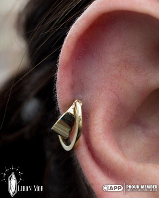 a double bar clicker ring in 14k, in a helix piercing