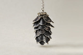 Handmade 925 sterling silver oxidized scale mail necklace hanging — Pine Cone by Auri Jewelry