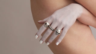 a bird mask, spine and cat skull silver rings on a white hand 