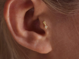 a small piercing stud with a diamond, in a tragus piercing